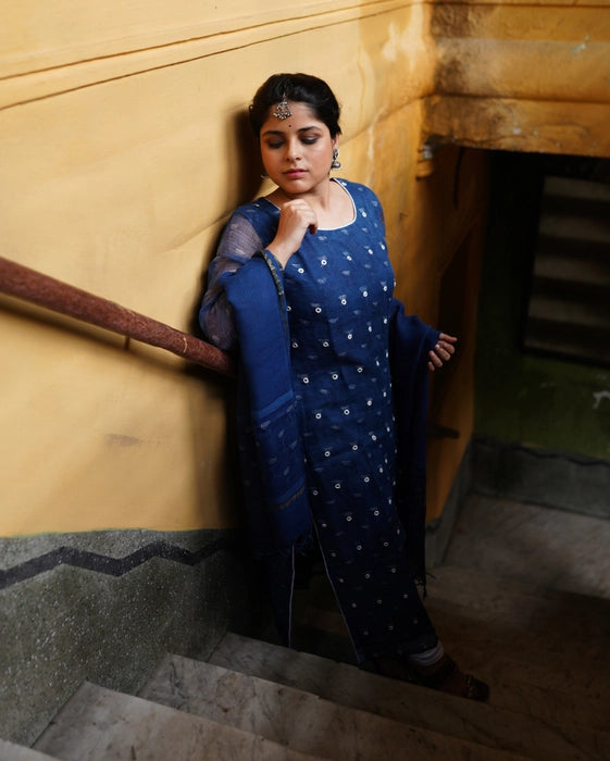 KOTA DORIA MIRRORWORK KURTA DUPATTA SET INDIGO BLUE