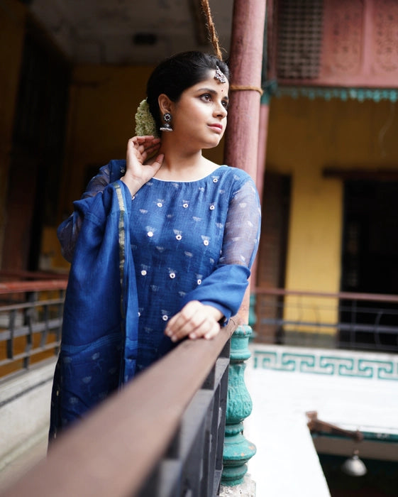 KOTA DORIA MIRRORWORK KURTA DUPATTA SET INDIGO BLUE