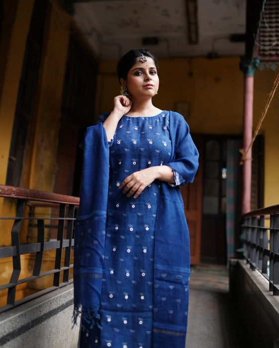 KOTA DORIA MIRRORWORK KURTA DUPATTA SET INDIGO BLUE