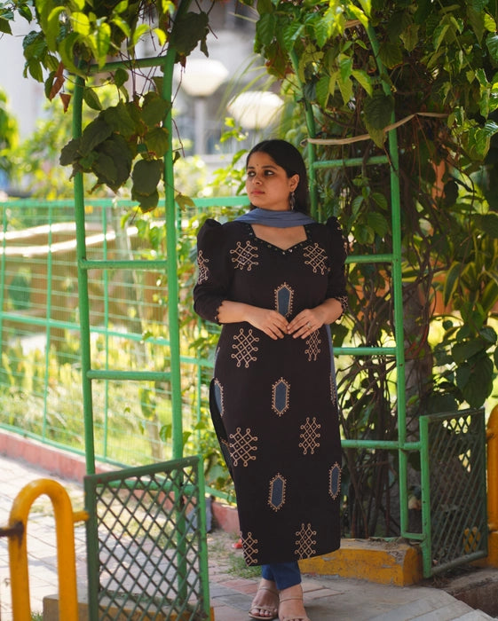 KOLAM INSPIRED PUFF SLEEVE MIRRORWORK AJRAKH KURTA