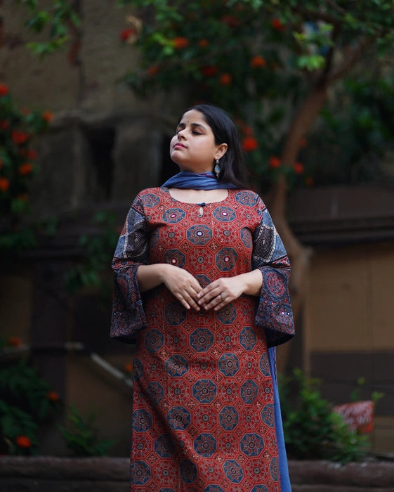 LANELA KAFTAN STYLE MIRROR WORK AJRAKH KURTA