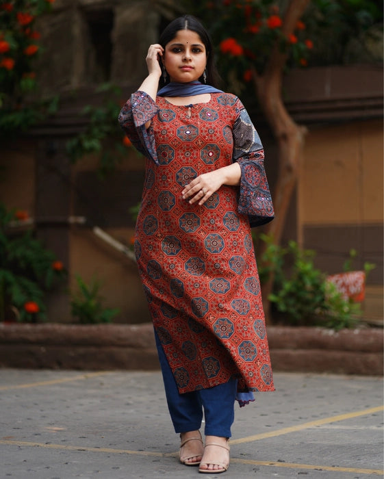 LANELA KAFTAN STYLE MIRROR WORK AJRAKH KURTA
