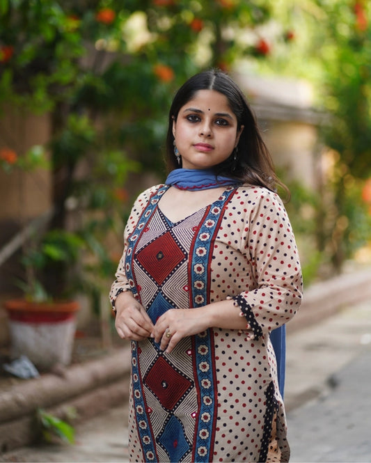FIROZA POLKA DOT AJRAKH  PRINTED MIRROR WORK KURTA