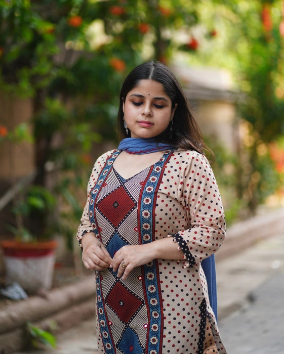 FIROZA POLKA DOT AJRAKH  PRINTED MIRROR WORK KURTA
