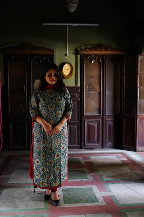 ALPONA MIRROR WORK AJRAKH KURTA INSPIRED BY JAIPUR TILES