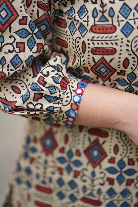 BEIGE PUFF SLEEVE MIRROR WORK AJRAKH KURTA