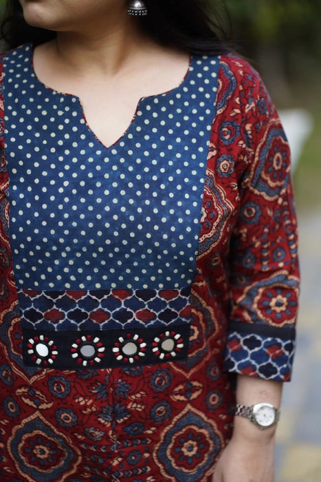 KUTCH MIRROR WORK AJRAKH KURTA MADDER RED