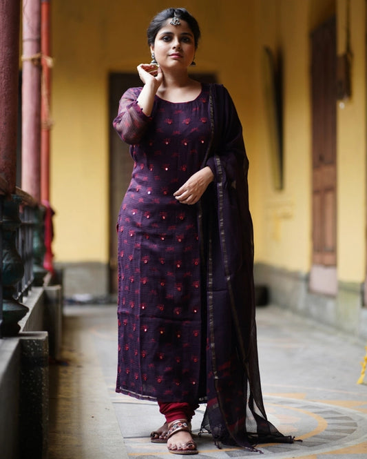 KOTA DORIA MIRROR WORK KURTA DUPATTA SET YELLOW