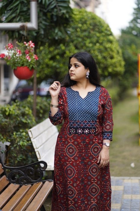 KUTCH MIRROR WORK AJRAKH KURTA MADDER RED