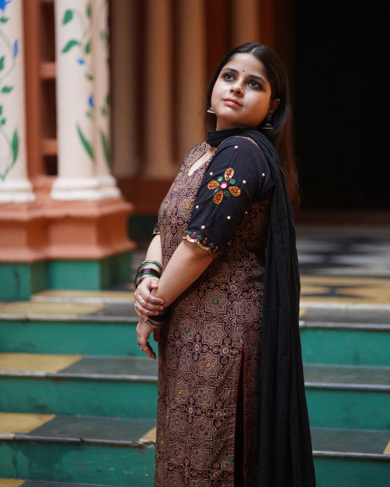 HEER REAL MIRROR WORK AJRAKH KURTA