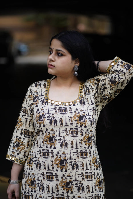 MIRRIR WORK BAGRU PRINTED KURTA HATHI GHODA PALKI