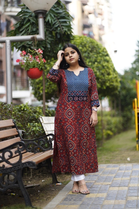 KUTCH MIRROR WORK AJRAKH KURTA MADDER RED