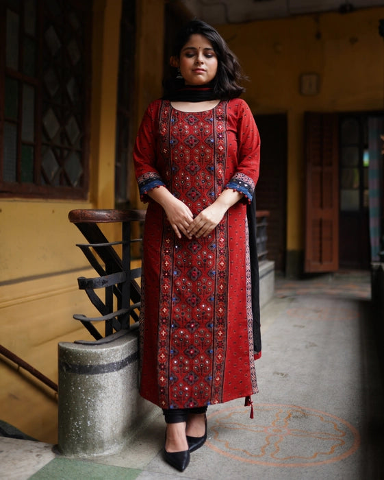 LAAL KAMAL MIROOR WORK AJRAKH KURTA