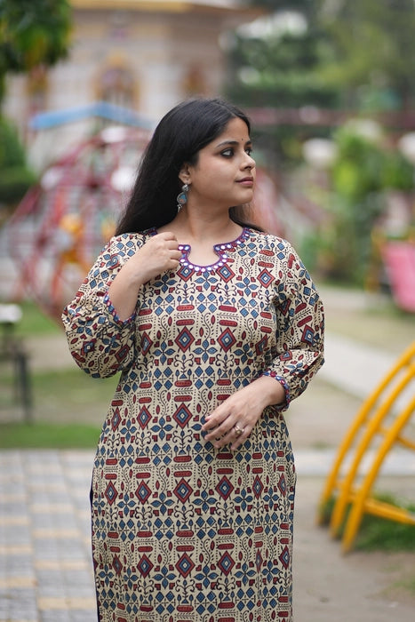 BEIGE PUFF SLEEVE MIRROR WORK AJRAKH KURTA