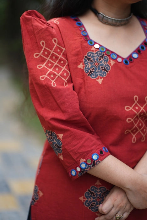 AMARAN PUFF SLEEVE MIRROR WORK AJRAKH KURTA