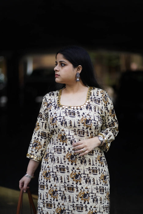 MIRRIR WORK BAGRU PRINTED KURTA HATHI GHODA PALKI