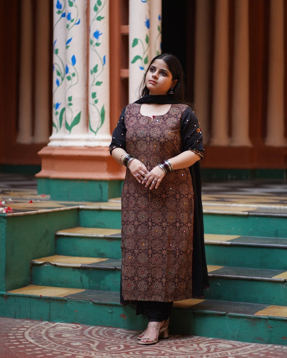 HEER REAL MIRROR WORK AJRAKH KURTA