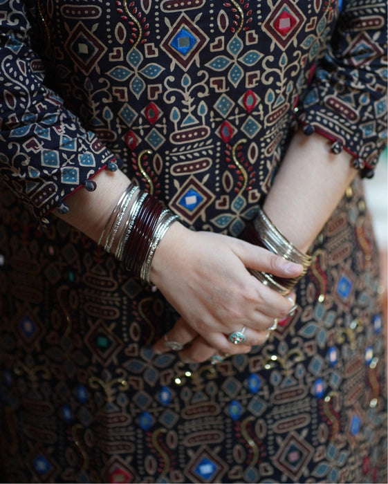 RAGINI  REAL MIRROR WORK AJRAKH KURTA