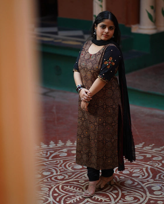 HEER REAL MIRROR WORK AJRAKH KURTA