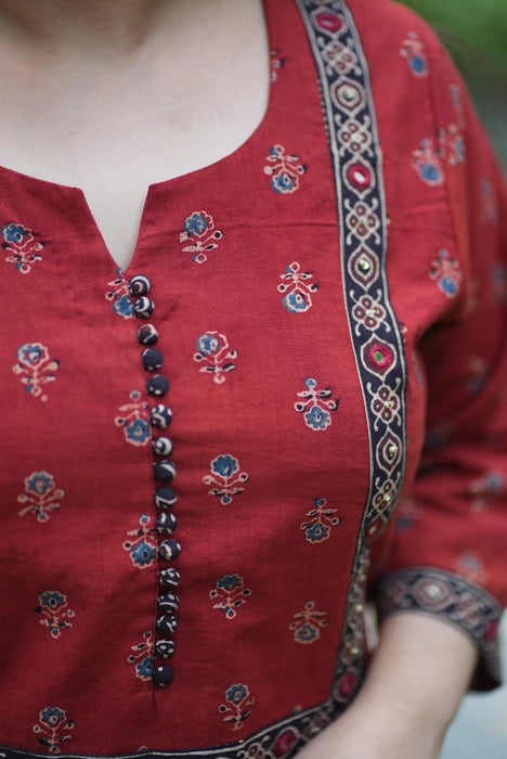 MADDER RED MIRROR WORK AJRAKH KURTA