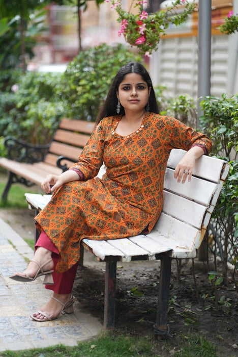 AAYNA MIRROR WORK AJRAKH KURTA BURNT ORANGE