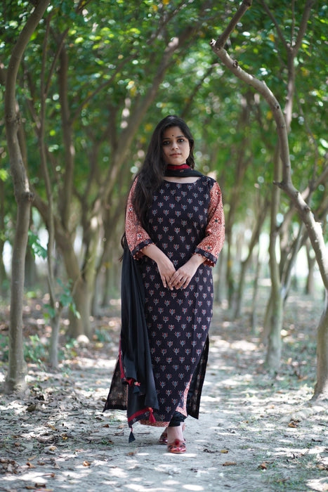 VARSHA MIRROR WORK PATCHWORK AJRAKH KURTA