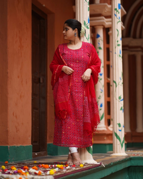 KOTA DORIA MIRROR WORK KURTA DUPATTA SET RED