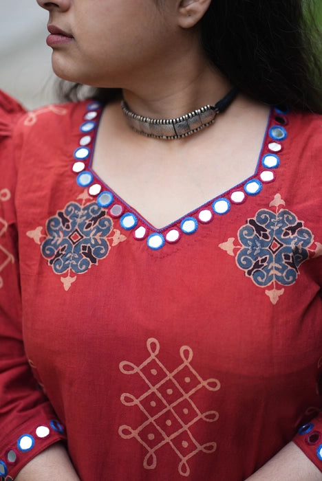 AMARAN PUFF SLEEVE MIRROR WORK AJRAKH KURTA