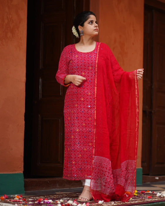 KOTA DORIA MIRROR WORK KURTA DUPATTA SET RED