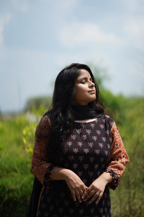 VARSHA MIRROR WORK PATCHWORK AJRAKH KURTA