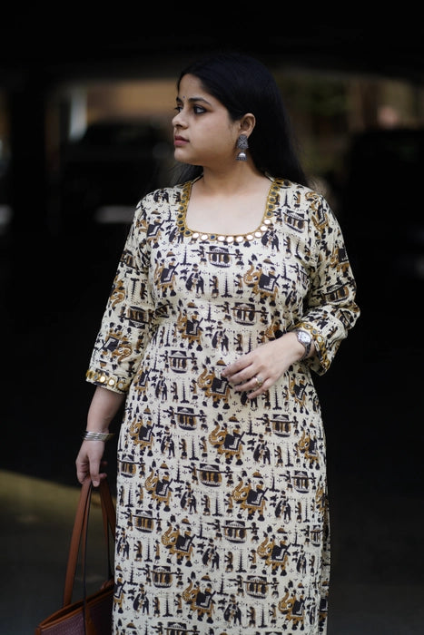MIRRIR WORK BAGRU PRINTED KURTA HATHI GHODA PALKI