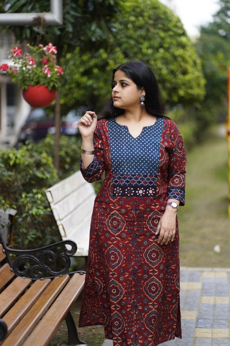 KUTCH MIRROR WORK AJRAKH KURTA MADDER RED