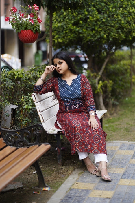 KUTCH MIRROR WORK AJRAKH KURTA MADDER RED