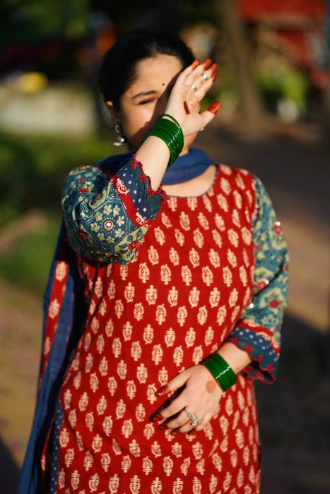 MEHER PATCHWORK MIRROR EMBROIDRED AJRAKH KURTA