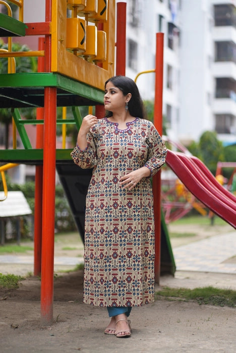 BEIGE PUFF SLEEVE MIRROR WORK AJRAKH KURTA