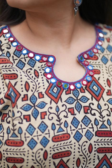 BEIGE PUFF SLEEVE MIRROR WORK AJRAKH KURTA