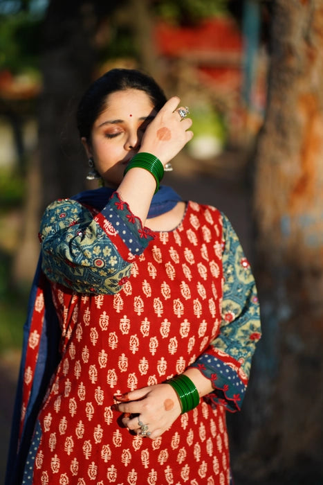MEHER PATCHWORK MIRROR EMBROIDRED AJRAKH KURTA