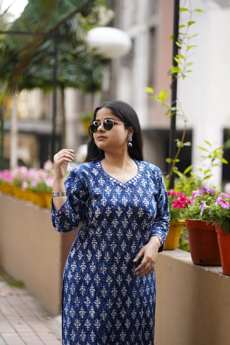 INDIGO MIRROR WORK BAGRU PRINTED KURTA