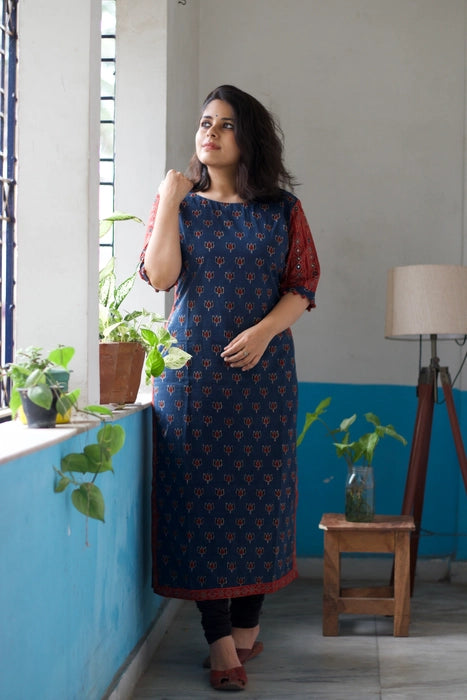 NEELAM LOTUS PRINTED AJRAKH KURTA