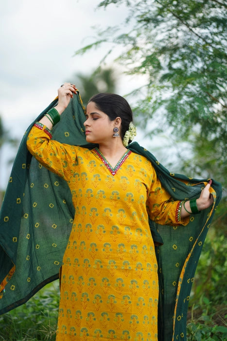 HOLUD PHOOL MIRROR WORK AJRAKH KURTA