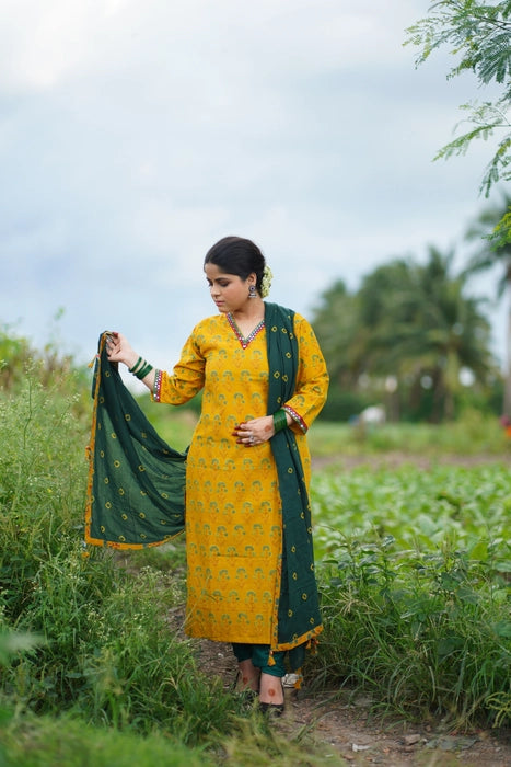 HOLUD PHOOL MIRROR WORK AJRAKH KURTA