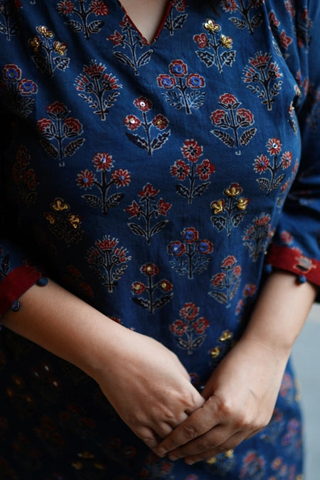 NEELAM MIRROR WORK AJRAKH KURTA