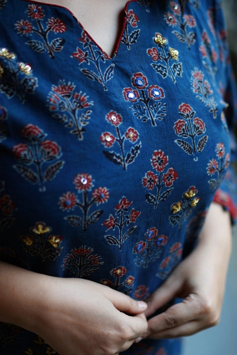 NEELAM MIRROR WORK AJRAKH KURTA