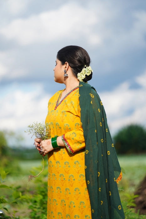 HOLUD PHOOL MIRROR WORK AJRAKH KURTA