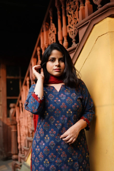 NEELAM MIRROR WORK AJRAKH KURTA